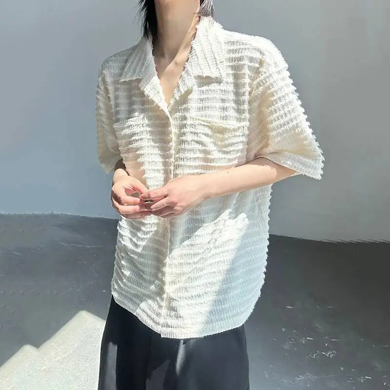 

Men's Brushed Design Shirts Lapel Solid Color Pockets Single Breasted Casual Tops Short Sleeved Loose Male Clothing 9W2963 ZI1U