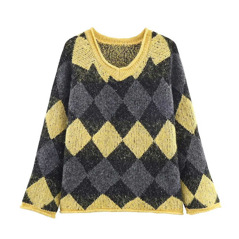 

Весенне-осенний винтажный вязаный пуловер Argyle для женщин, повседневный свитер с длинным рукавом и круглым вырезом