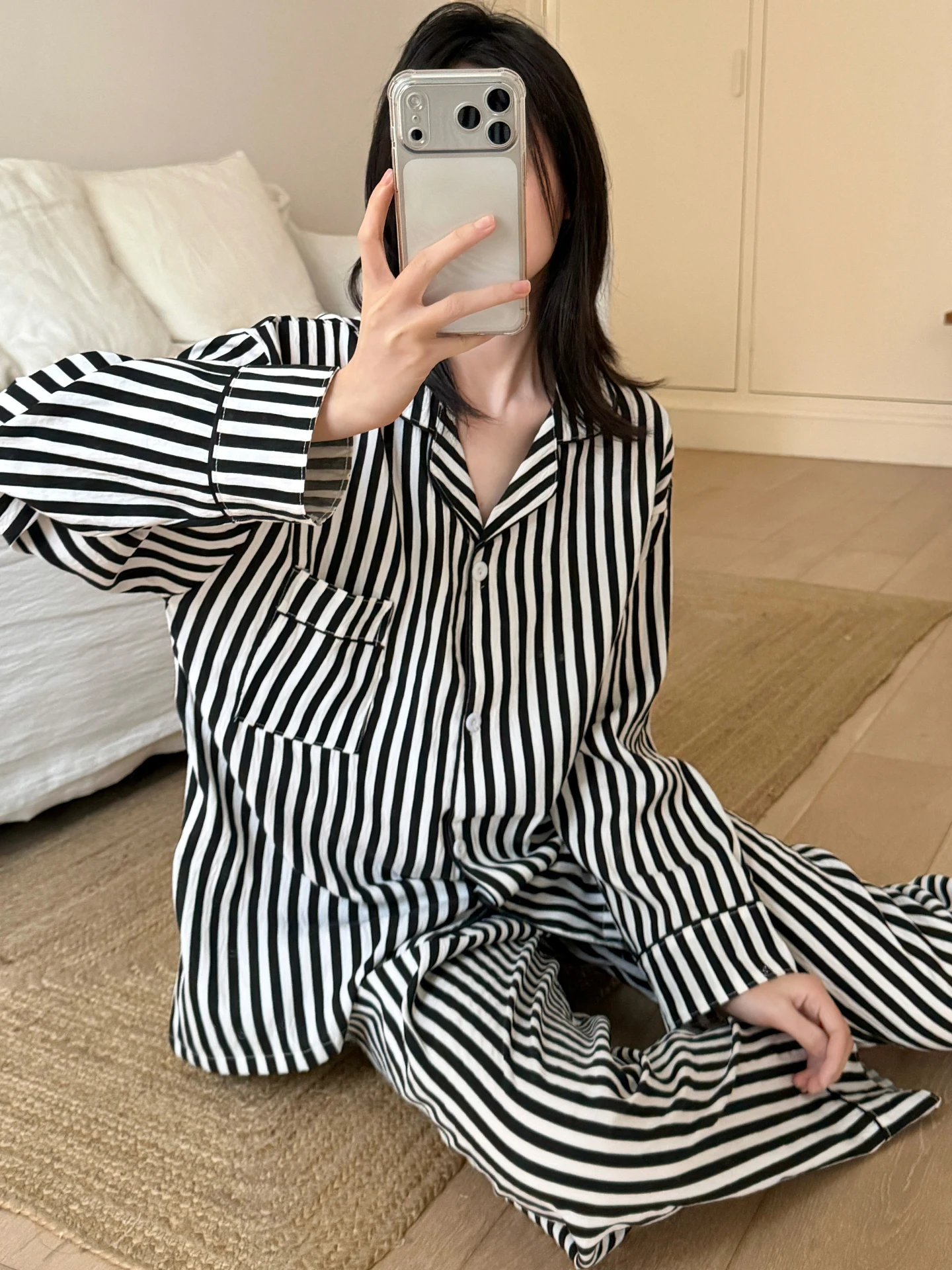 

2026 New Women's Sleepwear Long Sleeve Striped Cardigan Casual Home Clothes Set Spring Autumn Cloud Cotton Comfortable Soft