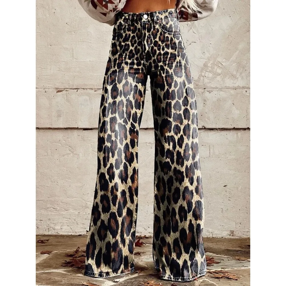 Damen Leopardenmuster Weite Hose mit Hoher Taille Baggy Y2K Vintage Streetwear Hose Locker Sitzende Lässige Tierdruck-Hose – Detail 2