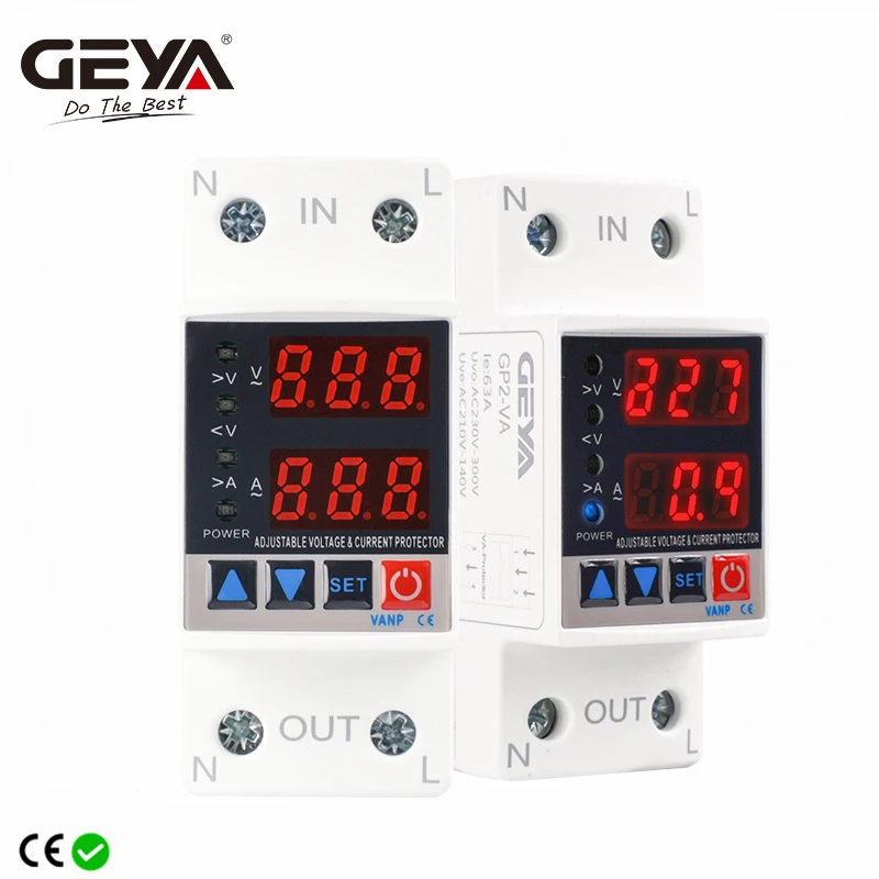 GEYA GP2-VA Din Rail Over Current Over Voltage Under Voltage Protection Device 40A 63A Voltage Protector 220VAC