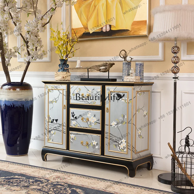 LX Meters American New Chinese Flower And Bird Solid Wood Entrance Foyer Cabinet Living Room Decorative Cabinet