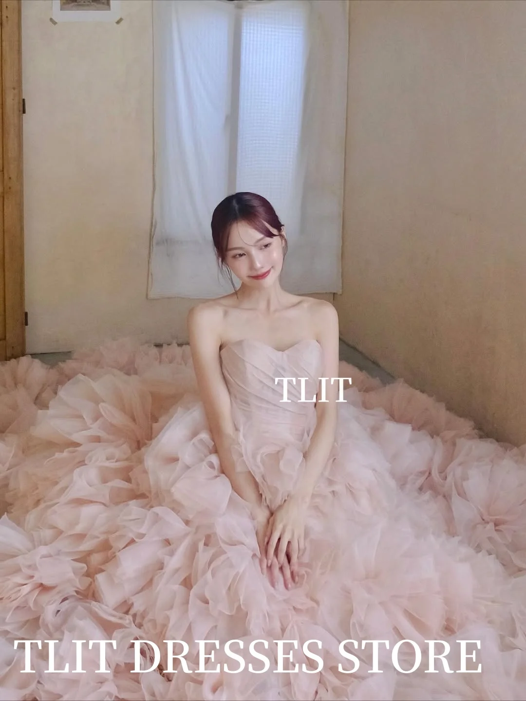 TLIT Lovely Pink Tiered Tulle Evening Dress이브닝 드레스 Korea Wedding Dresses Photo Shoot Pleats Strapless Prom Gown Customized