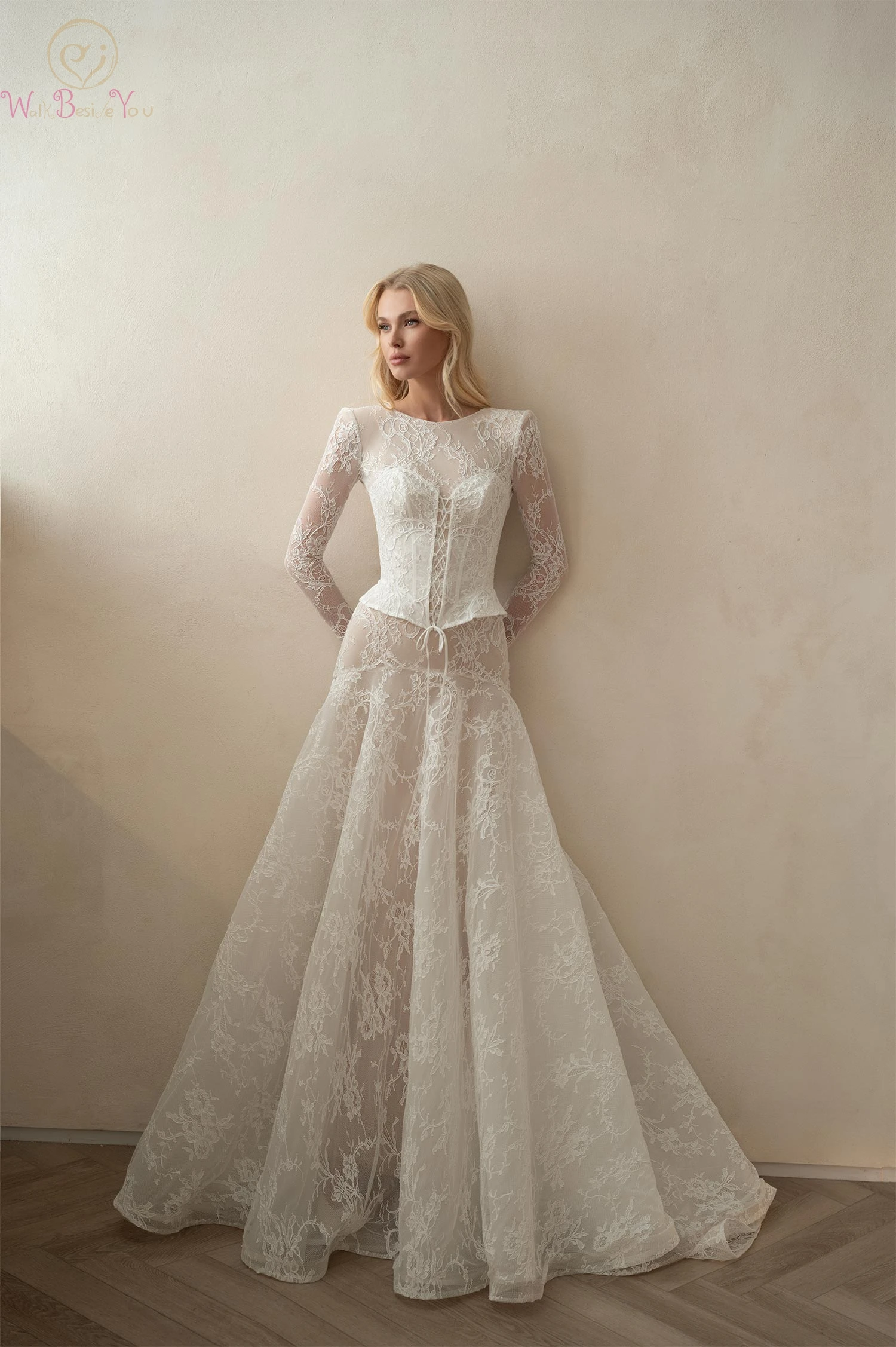 فساتين زفاف أنيقة من الدانتيل الفرنسي حورية البحر بأكمام طويلة وطول الأرض فساتين زفاف رسمية مصنوعة حسب الطلب