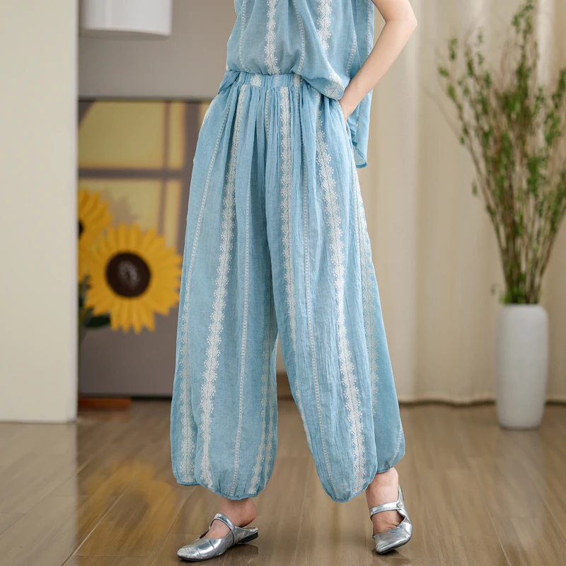 大きいサイズ レディースファッションセット 刺繍襟付き 若見えノースリーブベスト ランタンパンツ ツーピーススーツ 綿混