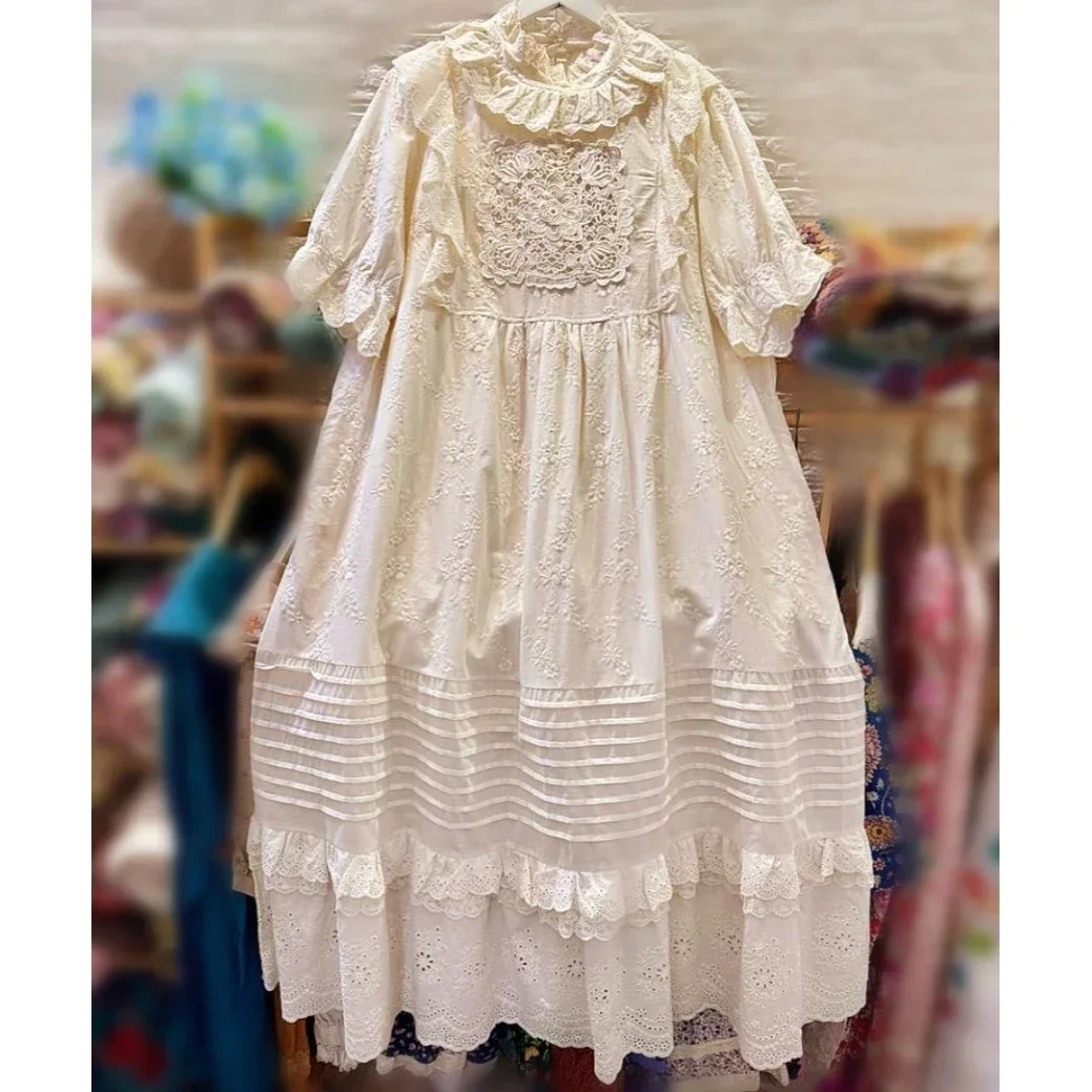 Vintage Rococo Victorian Ruffled Lace Floral Long Midi Dress Summer Retro Cotton Linen Mori Girl Cottagecore White Tunic Dress