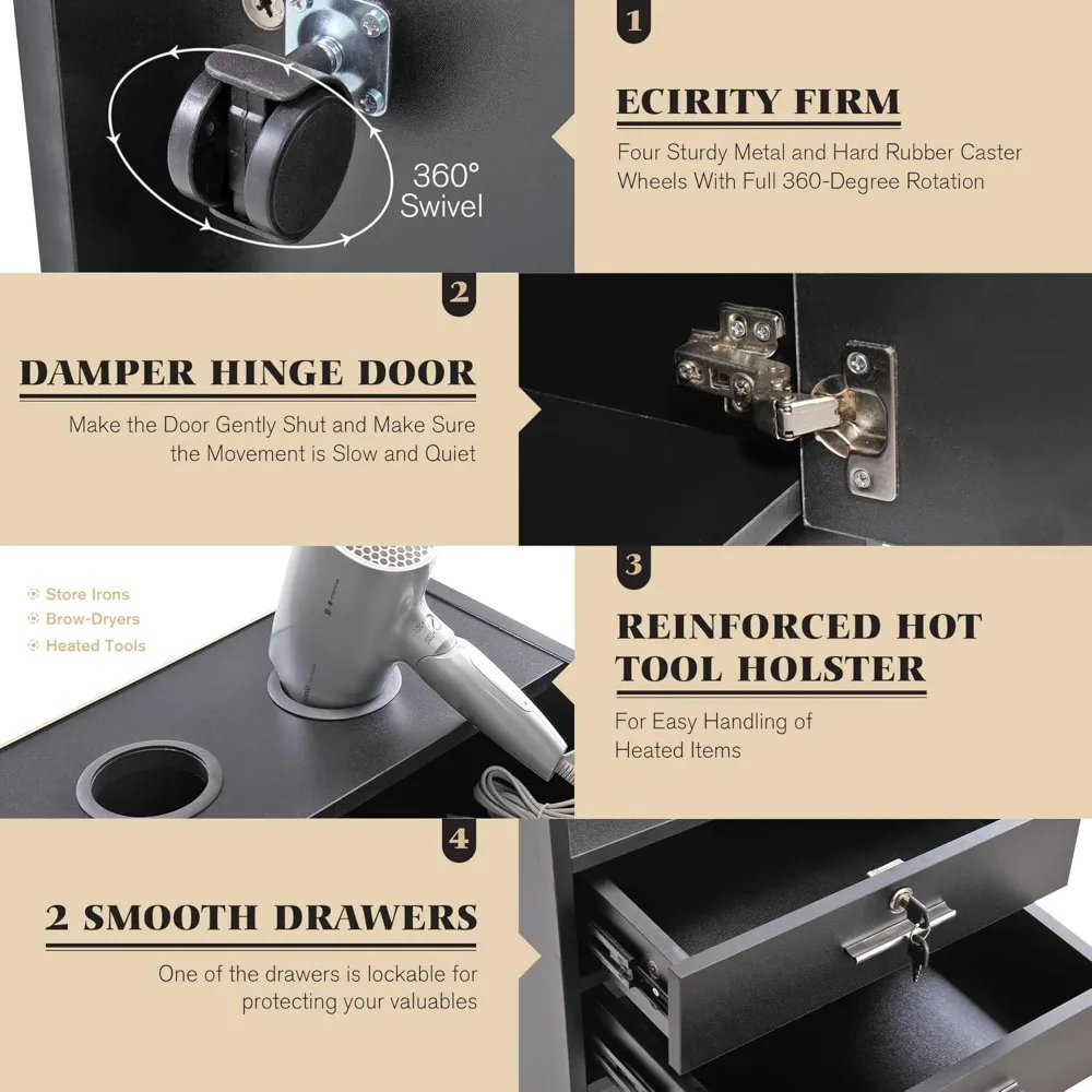 Mobilna stacja fryzjerska z zamkniętą przestrzenią do przechowywania, 2 uchwytami na suszarki i 4 kółkami