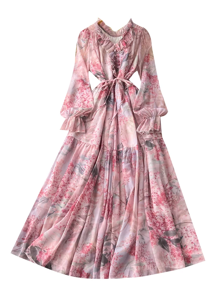 فستان نسائي طويل بطبعة زهور، خصر ضيق، تصميم A-Line، فستان ماكسي صيفي للعطلات، خصر عالي، مصنوع من البوليستر