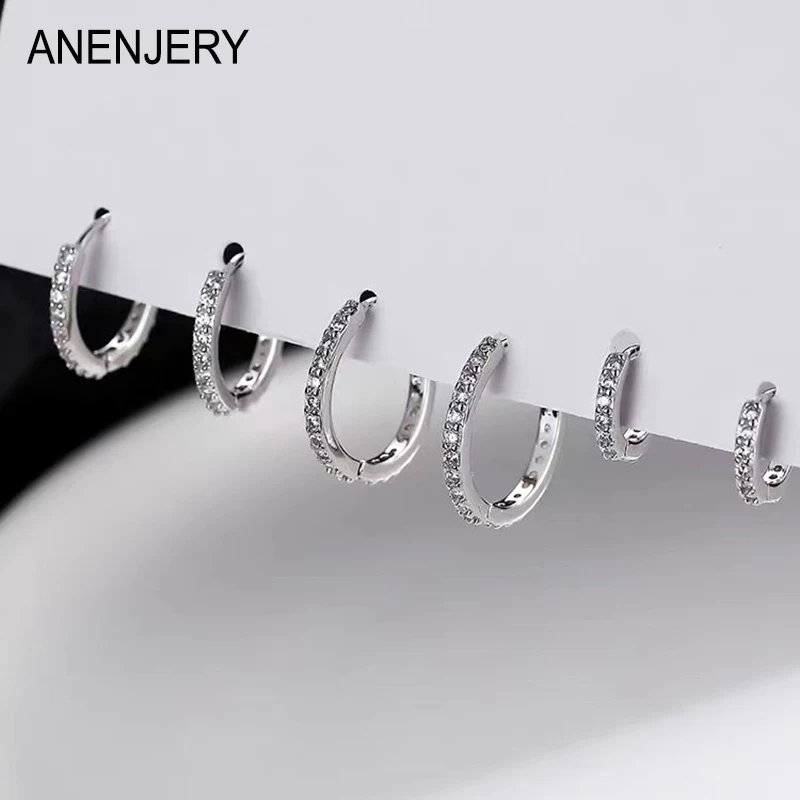 ANENJERY Wielowymiarowe dwurzędowe kolczyki z cyrkoniami dla mężczyzn i kobiet Modne delikatne srebrne kolczyki Small Huggies серьги aretes