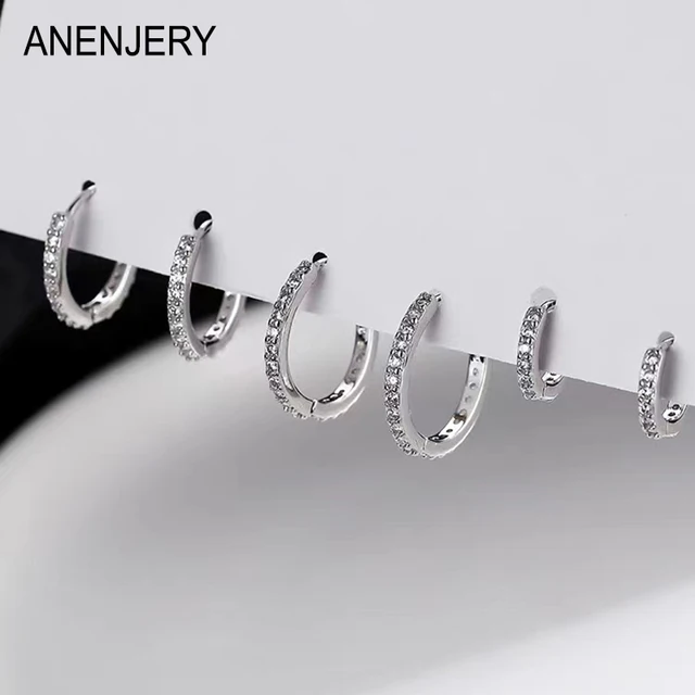 ANENJERY Wielowymiarowe dwurzędowe kolczyki z cyrkoniami dla mężczyzn i kobiet Modne delikatne srebrne kolczyki Small Huggies серьги aretes