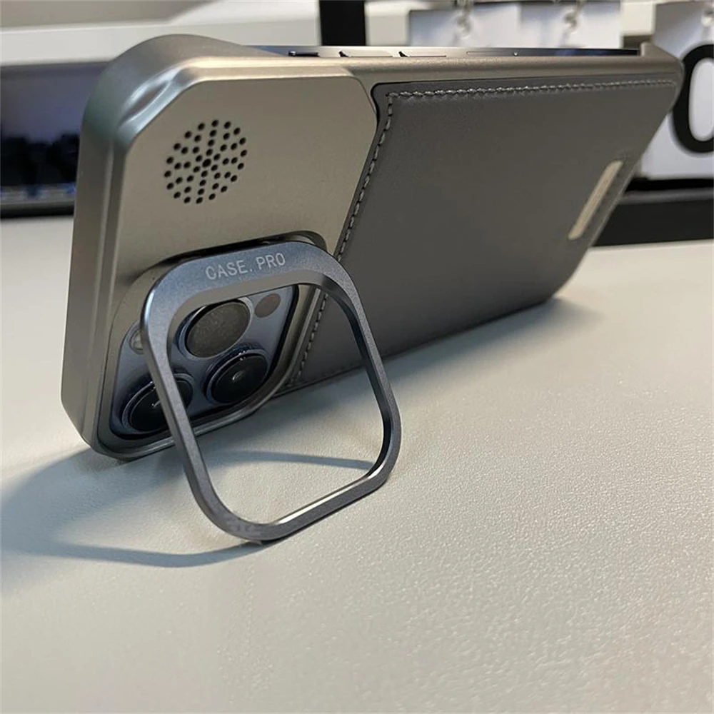 Metal Lens Holder Frameless Leather Magnetic Case For iPhone 17 Air 16 pro max 15 14 Plus 13 12 MagSafe Wireless Charging Cover