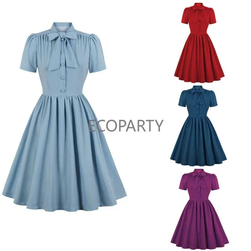 

Blue Pleated Dress Vintage Style Bow Tie Neck Button Up Elegant Women Summer Belted Pinup 60s 50s Rockabilly Dresses