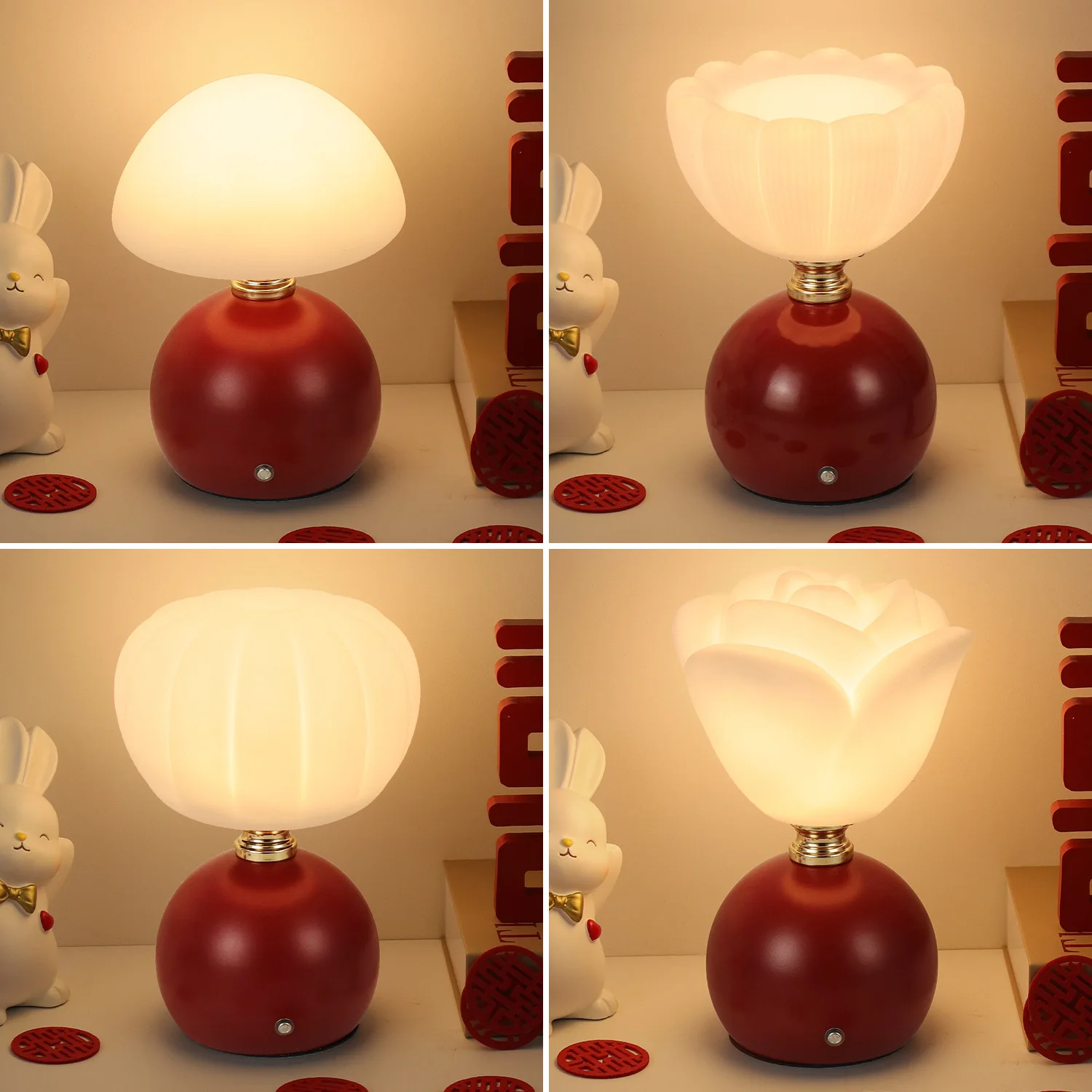 Desk lamp, bedroom bedside lamp, small night light, wedding room, wedding red mushroom light, dimmable tri color ambient light