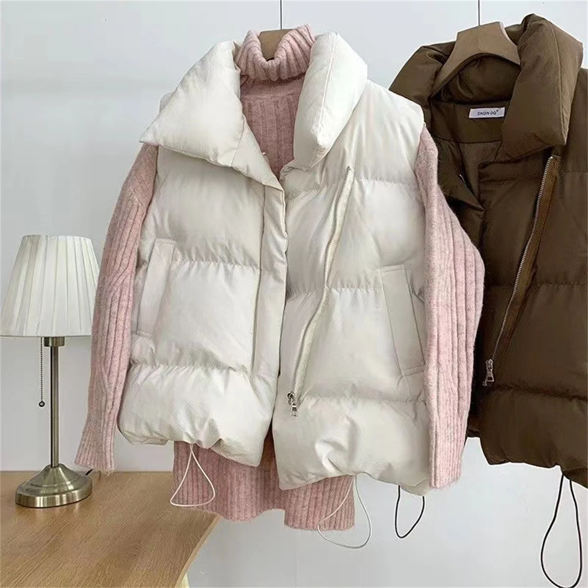 2024 Autumn Winter Women Solid Loose Vest Drawstring Stand Collar Long Vest Jacket Cotton Padded Women Windproof Warm Waistcoat