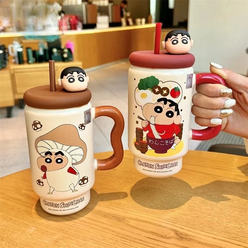 X&W Crayon Shin-Chan Ceramics Water Cup 600ml Cartoon Straw Cup with Lid Home Office Drinking Water Cup Milk Juice Cup Girl Gift