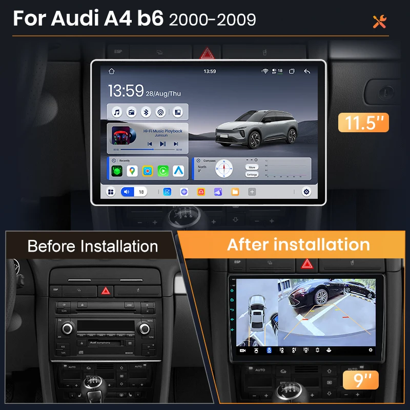 Radio AWESAFE con CarPlay inalámbrico y Android Auto para Audi A4 B6 B7 S4 RS4 2000-2009, sistemas inteligentes para automóvil, RDS, GPS, FM, BT, DSP, SWC 2