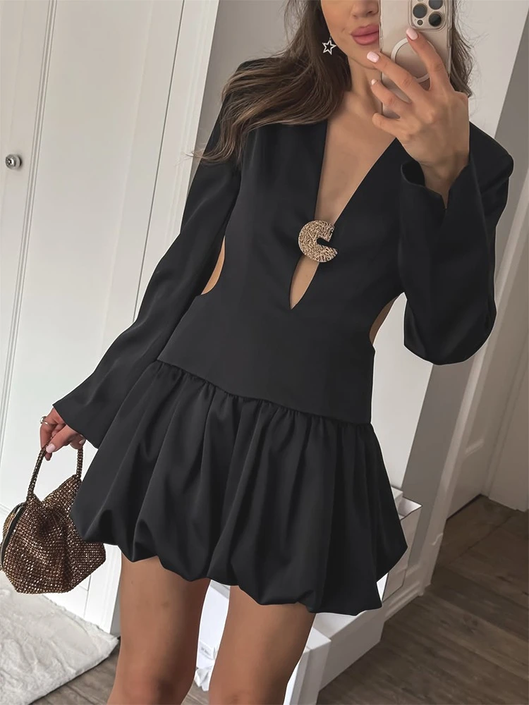

‌Trendix Party Elegant Dress Women Fashion Ruffle Patchwork Sexy Deep V Neck Mini Dresses Club Backless Hollow Out Short Dress