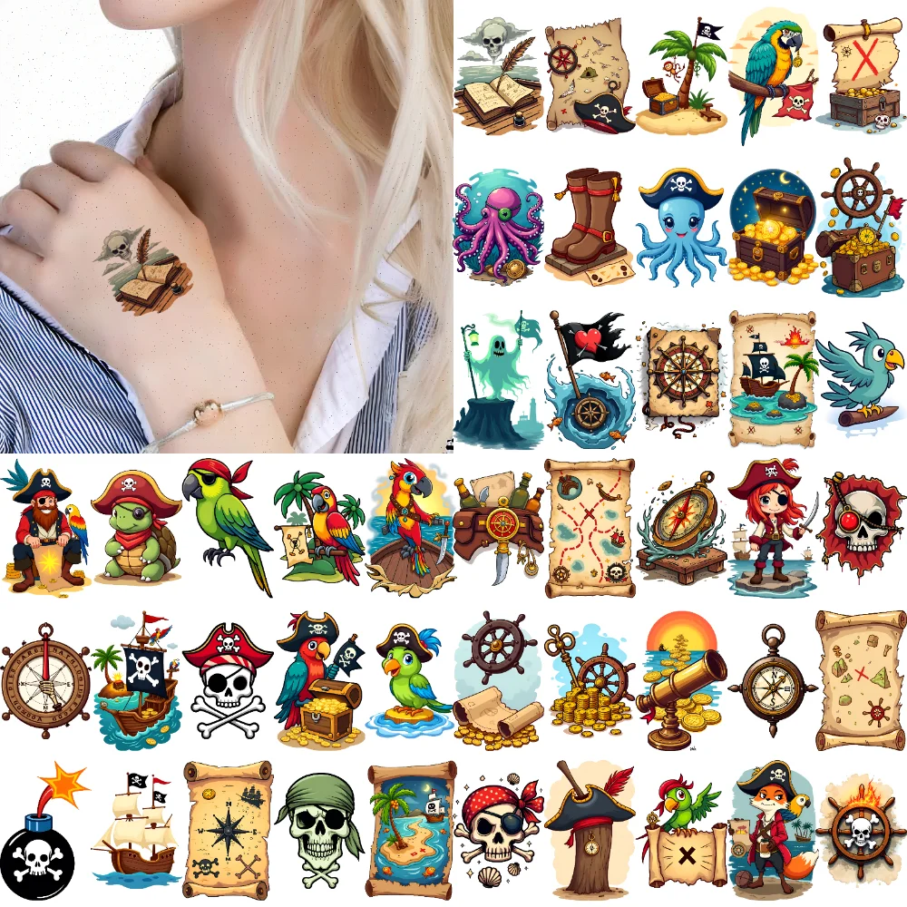

63pcs Temporary Tattoo Sailing Ship Waterproof Long-lasting Body Stickers Telescope Compass Cartoon Octopus For Cheeks Women