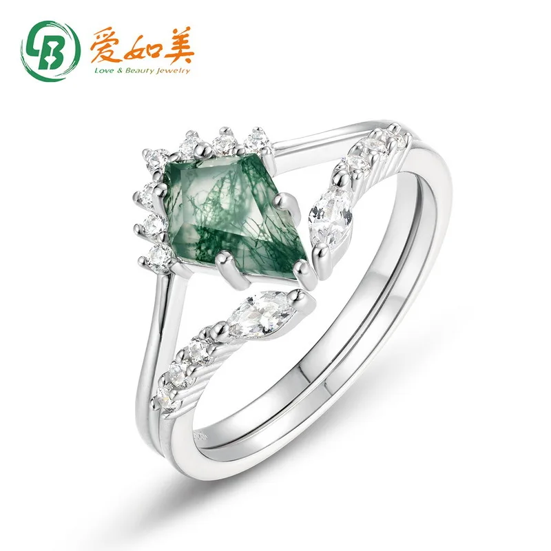 

Jewelry Crown 18K Gold PT950 Platinum Silver Plated 7-Layer Gold Stacked Set Ring Kite Shaped Natural Water Grass Agate Ring