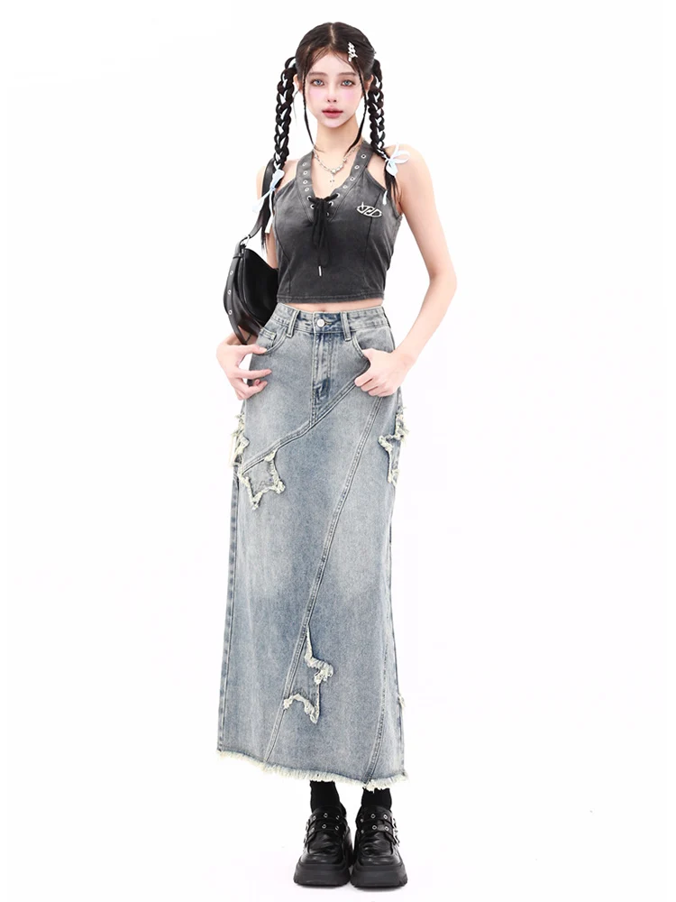 WCFCX STUDIO Women Frayed Denim Long Skirt American Retro Slim Fit A-line Skirt Korean Style Casual High Waist Jean Skirt