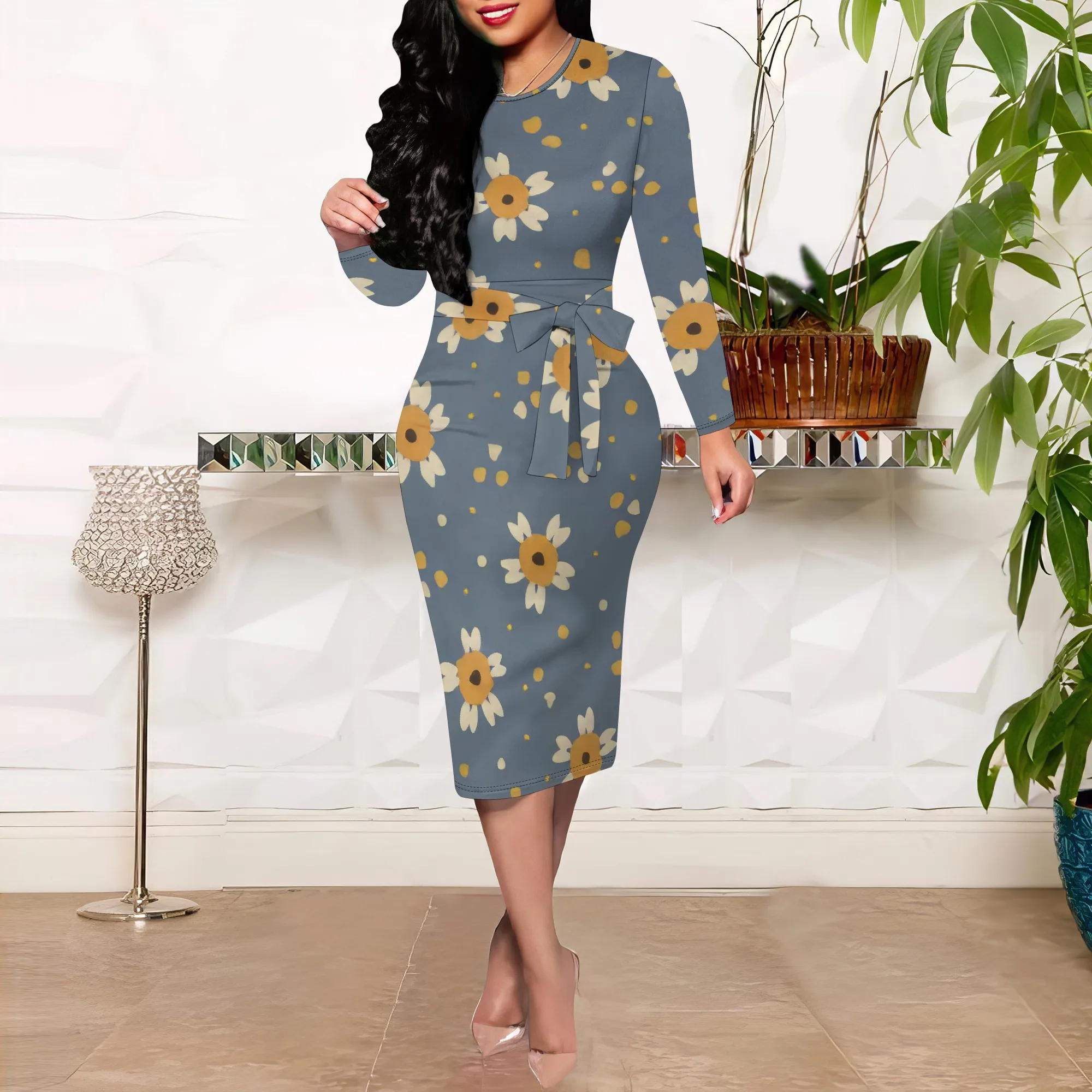 Abito aderente midi da donna da lavoro casual con stampe floreali carine Abiti a matita