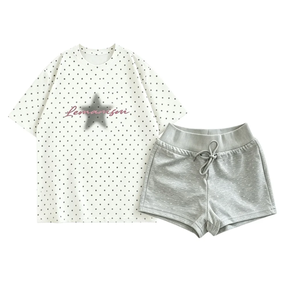 Korean Style Women Two‑Piece Outfit Vintage Polka‑Dot Letter Print Loose T‑shirt Gray Casual Shorts Summer Daily Matching Sets`