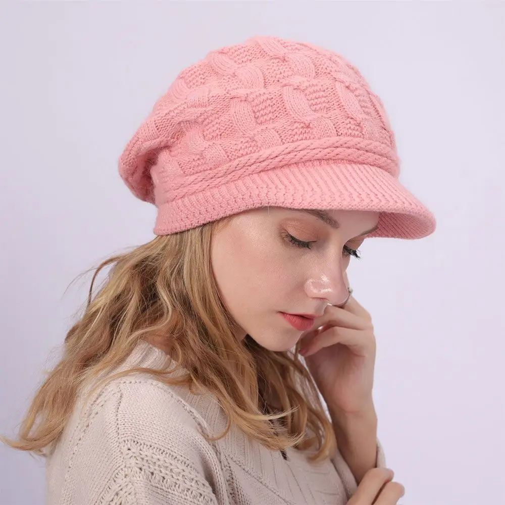 Women Beret Hat Knitted Rabbit Hair Winter Beanie Cap Thicken Warm Casual Peaked Hat