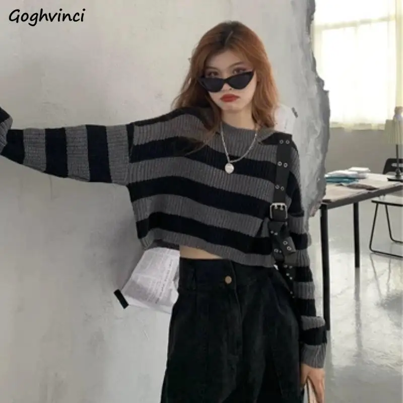 

Japan Style Slouchy Vintage Striped Pullovers Women Autumn Tender Cropped Fashion Casual All-match Cozy Свитер Женский Young Ins