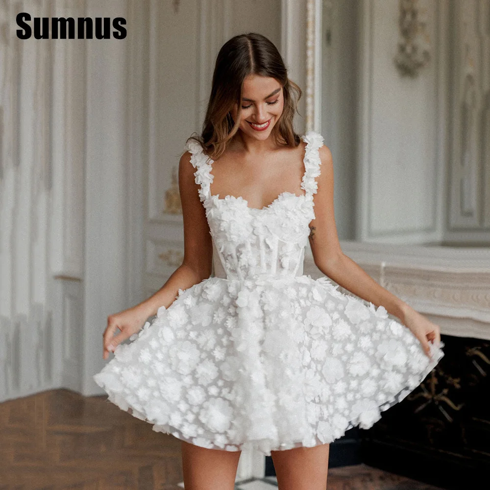 

Sumnus White Mini Prom Dresses Flower Lace Embroidery Evening Dress Sleeveless Lace-up Spaghetti Strap Party Vestidos De Fiesta