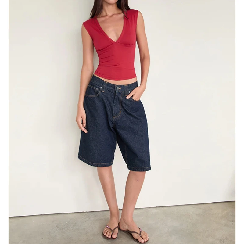 Women's Y2K Cap Sleeve Crop Tops V Neck Slim Fit Baby Tee Basic T-Shirt Trendy Wrap Tank Summer Going Out Yoga Shirts