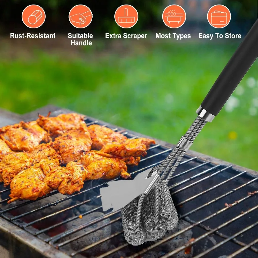 

BBQ Grill Cleaning Brush Stainless Steel Barbecue Cleaner Scraper 16.5in Handle Stiff Wire Bristles For Grill Cooking Grates