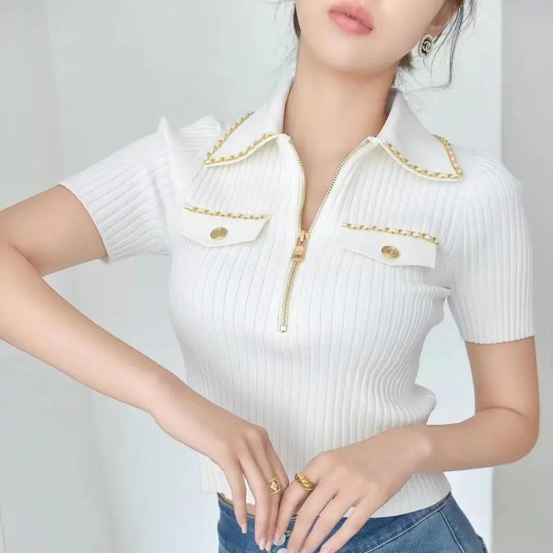 Summer Stylish Slim Sweater Women Knitted Tops Tshirt Chain Gold Buttons Zip-up Tees Knitwear Vintage Elegant Chic Ladies Jumper