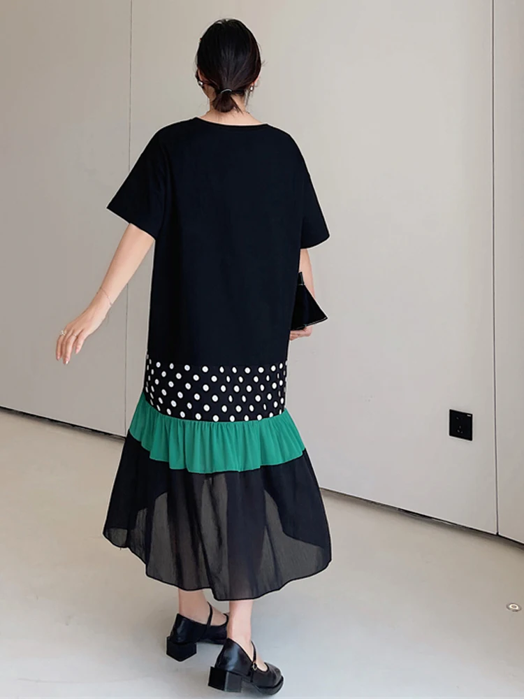 NYFS 2025 فستان نسائي كوري صيفي جديد من فيستدوس رداء Elbise فضفاض مقاس كبير مرقع بحاشية منقط وأكمام قصيرة فساتين طويلة