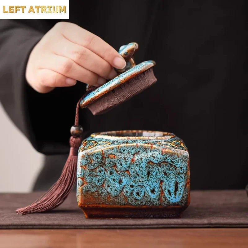 Kiln Transformed Ceramics Tea Caddy Tea Jar Sealed Jar Moisture-proof Storage Tank Square Tea Box Storage Bottle Teas Box