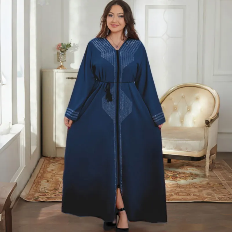 2024 Women Elegant Dress Dubai Party Outfits Long Sleeve Chiffon Rhinestones Muslim Women Robe Open African Abaya Clothing