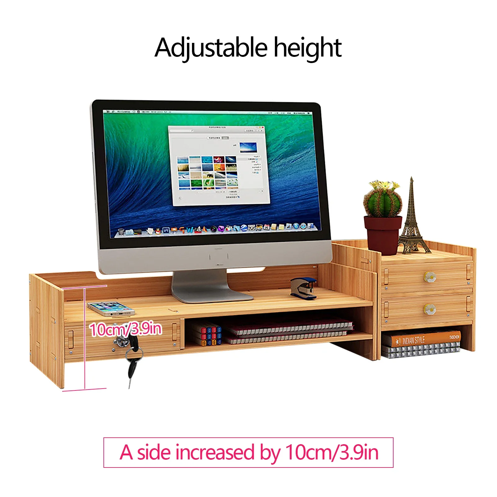 Wooden Desk Organizer W/ Drawer File Storage Desk Monitor Riser Computer Stand