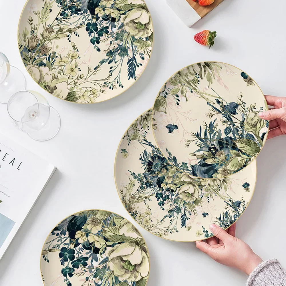 Chinese Style Bone China Dinner Plate Set Retro Floral Serise Steak Dessert Spaghetti Plate Salad Plate Cake Stand Rack Tablewar