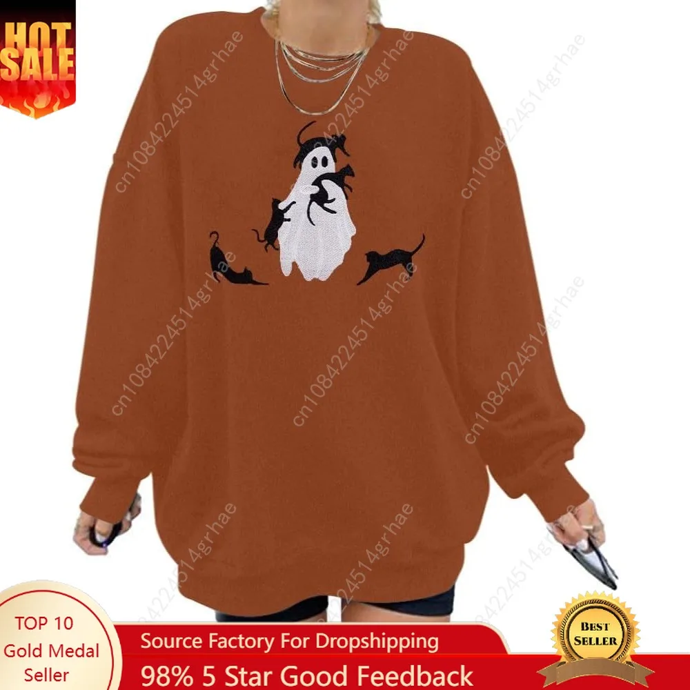

Halloween Spooky Season Sweatshirt Women: Oversized Black Cat Ghost Sweatshirts Fall Embroidered Pullover Top