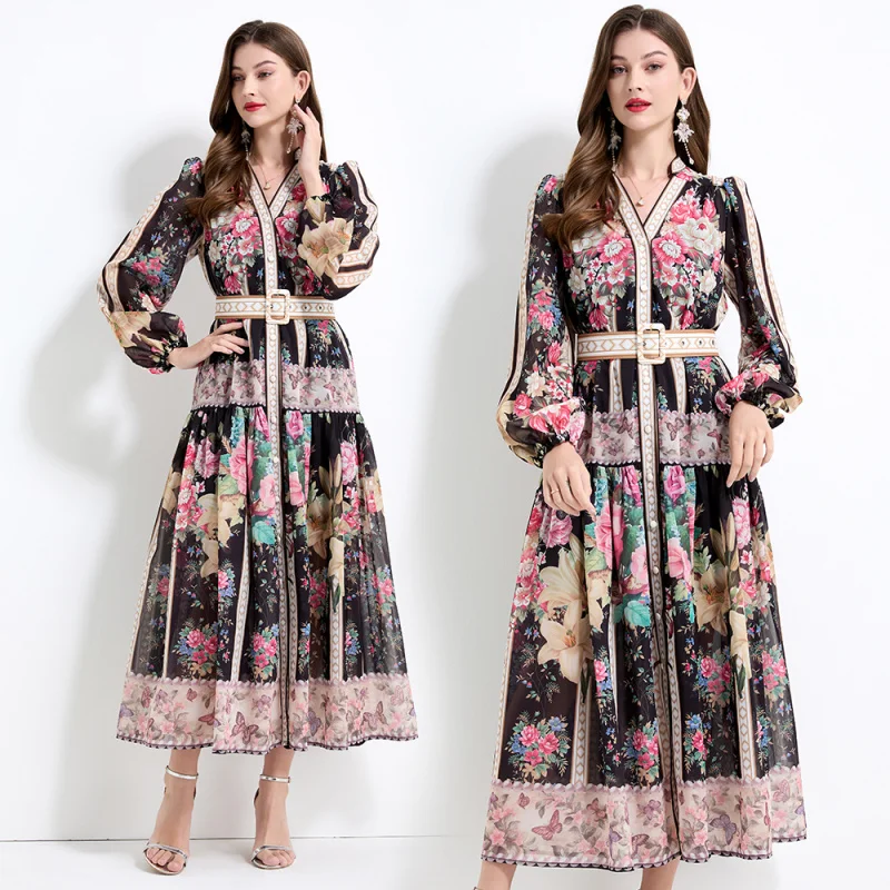 

Дизайн-2025 Стильный рукав с принтом и длинным рукавом Элегантное длинное платье с рюшами Шифоновый комплект из двух предметов