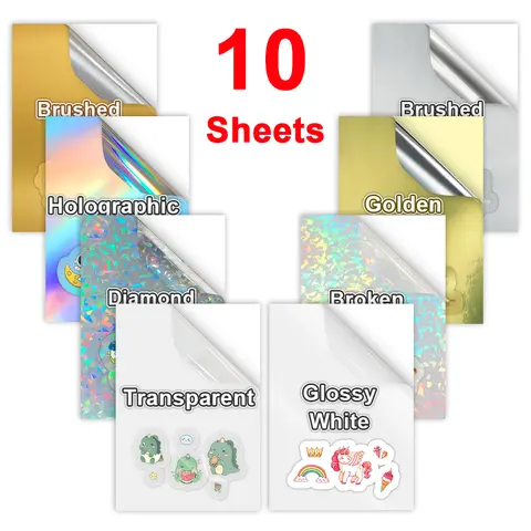 10 hojas de papel adhesivo de vinilo imprimible holográfico A4, pegatinas de inyección de tinta láser arcoíris autoadhesivas impermeables para impresora de inyección de tinta