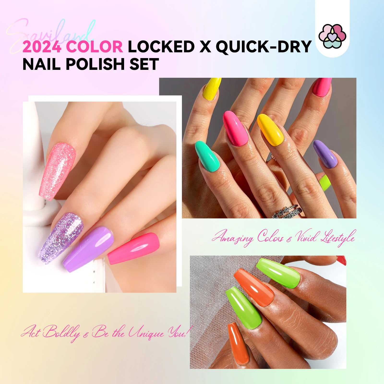 SAVILAND 20Pcs Fingernail Polish Set Neon Bright Colors Quick Dry Glitter Rainbow Nail Polish with Base Glossy Matte Top Polish