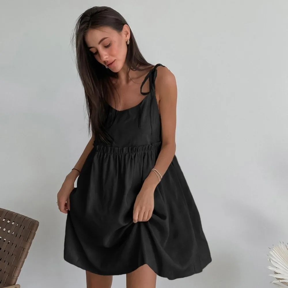 Linen Cotton Dress Garment Brown Tone Loose Cut Sling Outfit Vacation Style Sling Strap Women Vacation Gear Island Holiday