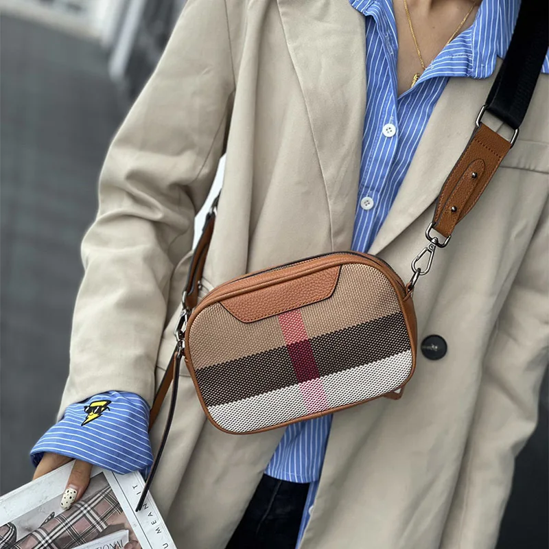 Imagem -06 - Bolsa de Couro Genuíno para Mulheres Bolsa Crossbody de Lona Pequena Alça Larga Aba Quadrada na Moda Bolsas de Ombro Estilingue de Luxo Caixa