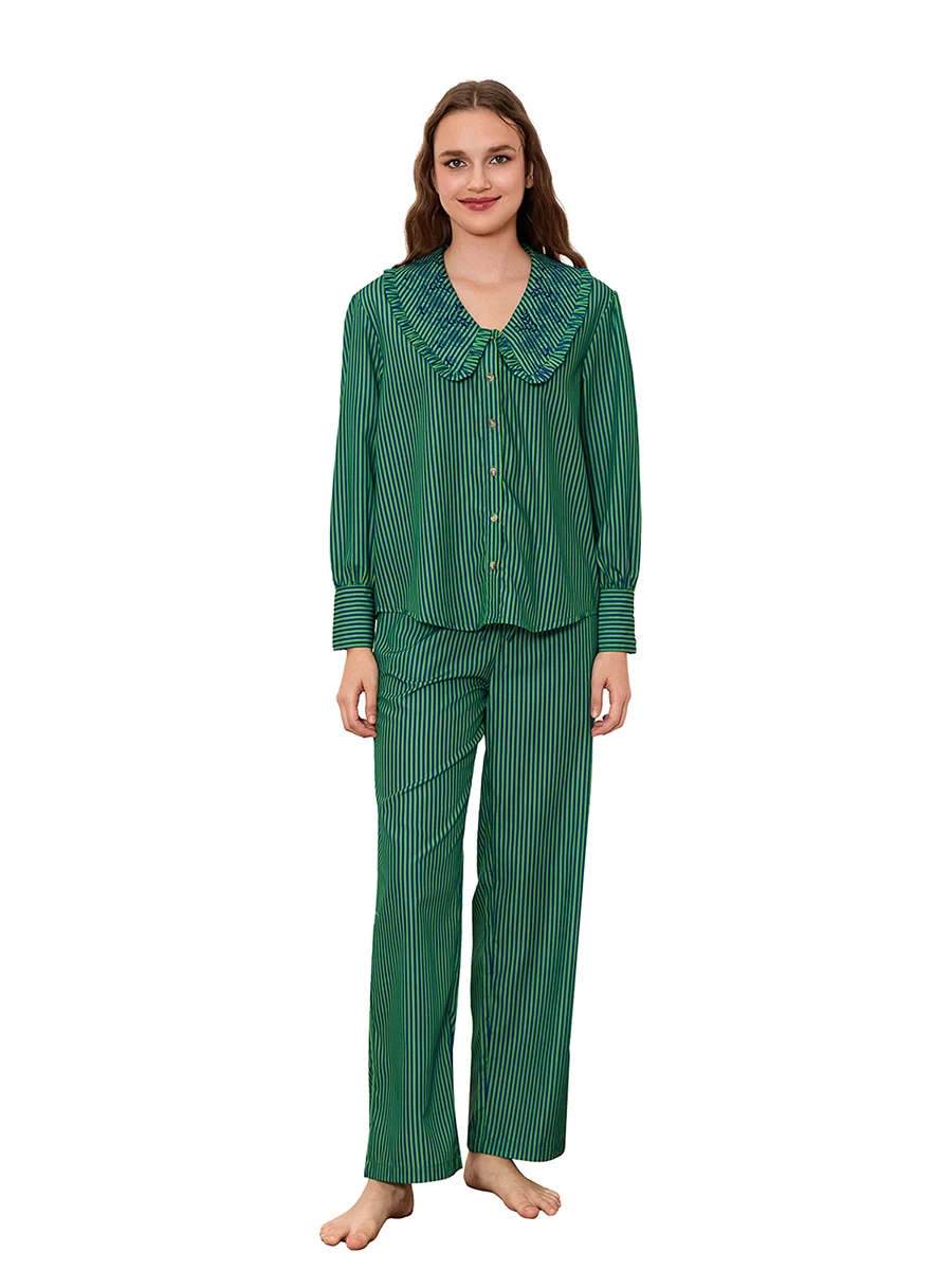

Women's Fall Loungewear Set Stripe Print Long Sleeve Doll Collar Button Down Tops with Long Pants Sleepwear