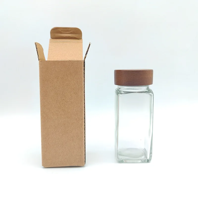 Simple Wooden Lid Seasoning Bottle Square Transparent Glass Can Multi-Function Kitchen Cooking Table Salt Spice Storage Tool