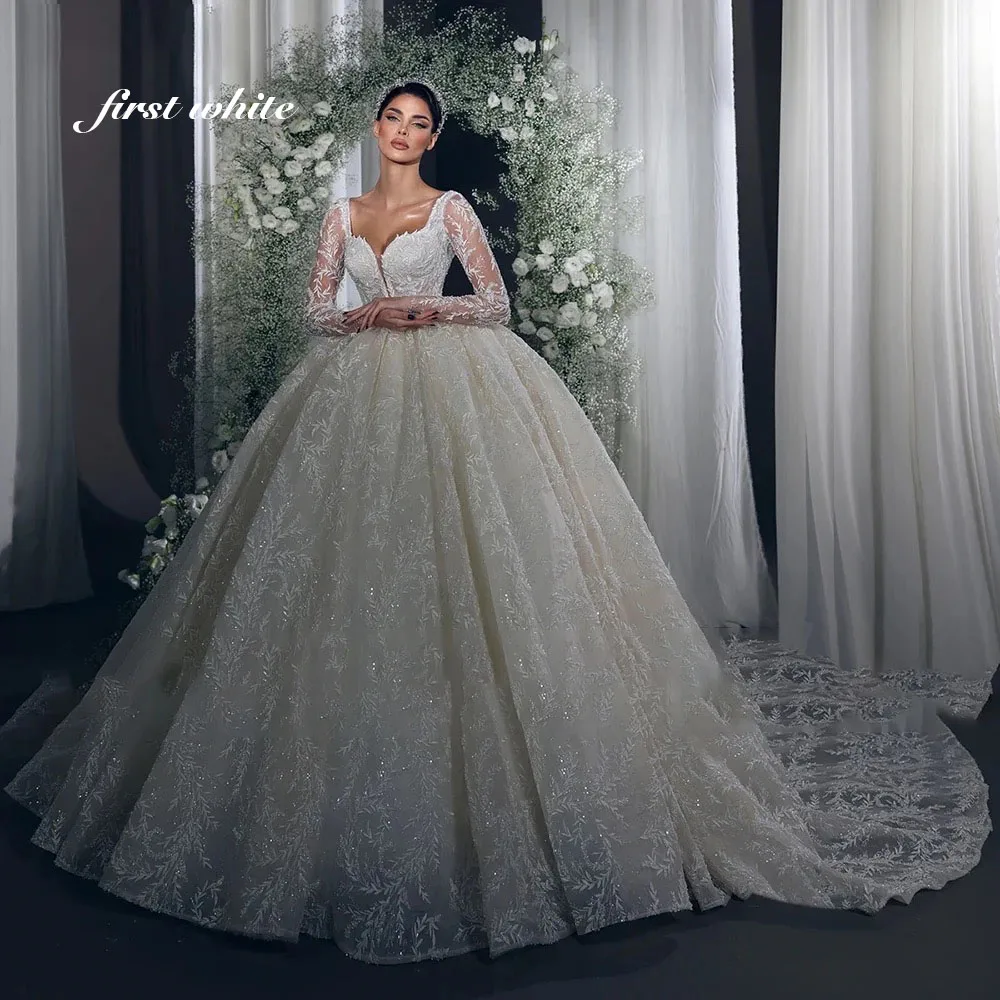 

Романтическое милое сверкающее бальное платье с длинными рукавами, свадебные платья, изысканные аппликации, винтажное свадебное платье по индивидуальному заказу