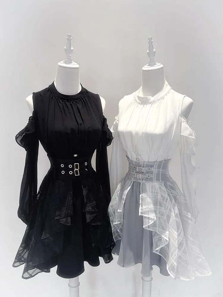 Japanese Lolita Women 2 Piece Set Gothic Ruffle Chiffon Blouse + Patchwork Skirt Dark Vintage French Party Chic Slim Fit Outfits