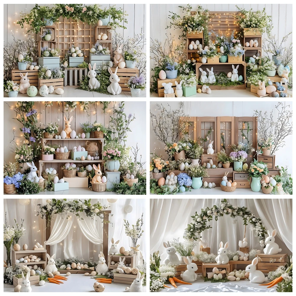 

Spring Easter Photography Background Wooden Wall Floral Easter Egg Rabbit Bunny Flower Kids Birthday Party Backdrop Photo Studio