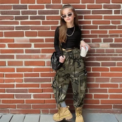 Girls Camouflage Sets Fashion Hip Hop Tops Cargo Pants Two Piece School Teenager Children Dance Costume 12 14 Years Kids Clothes