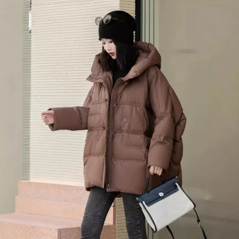 Women's clothing High-end Plus size Hooded Down jacket Winter New Literary Loose fit White duck down Thickened Outerwear
